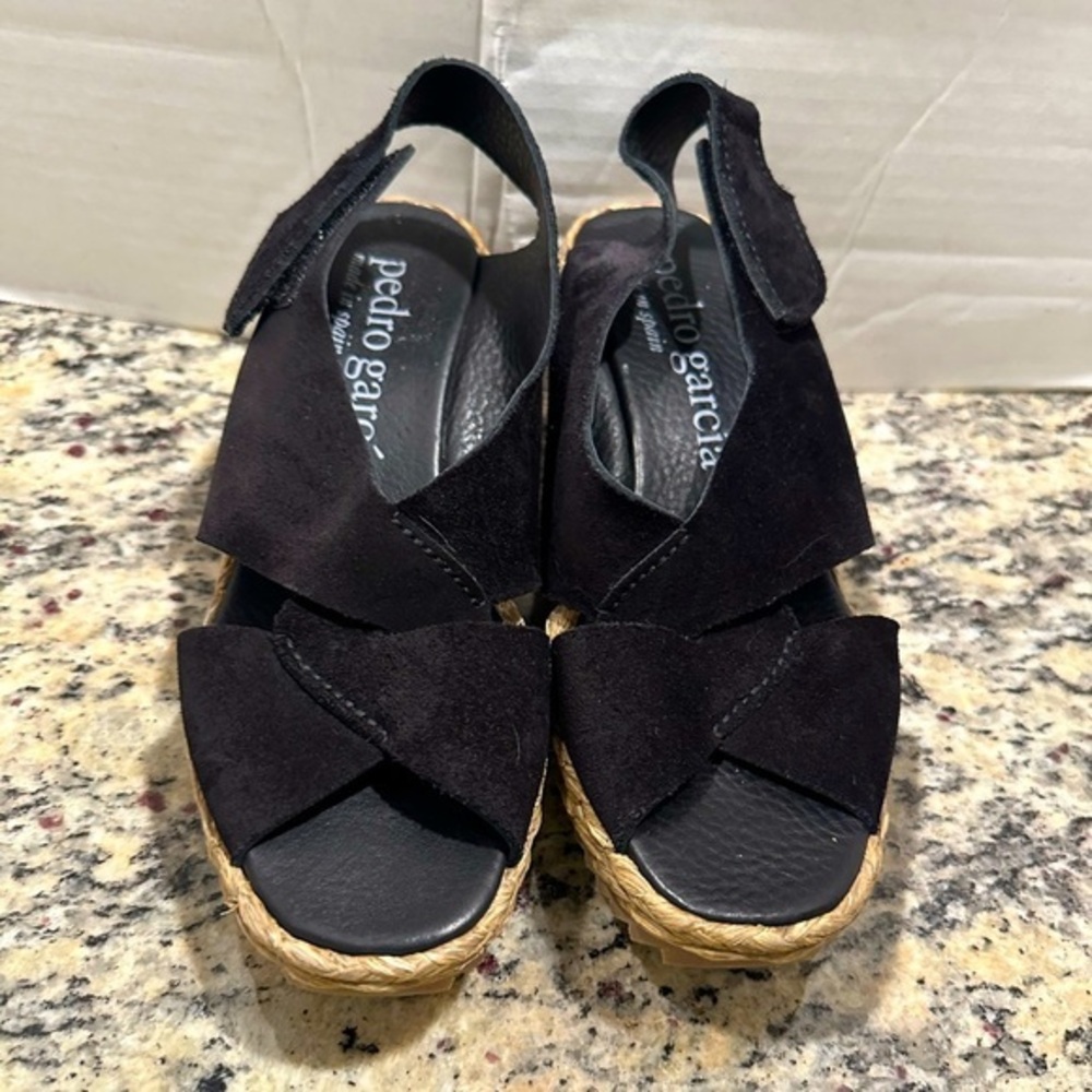 Pedro Garcia Black and Tan Wedge Sandals